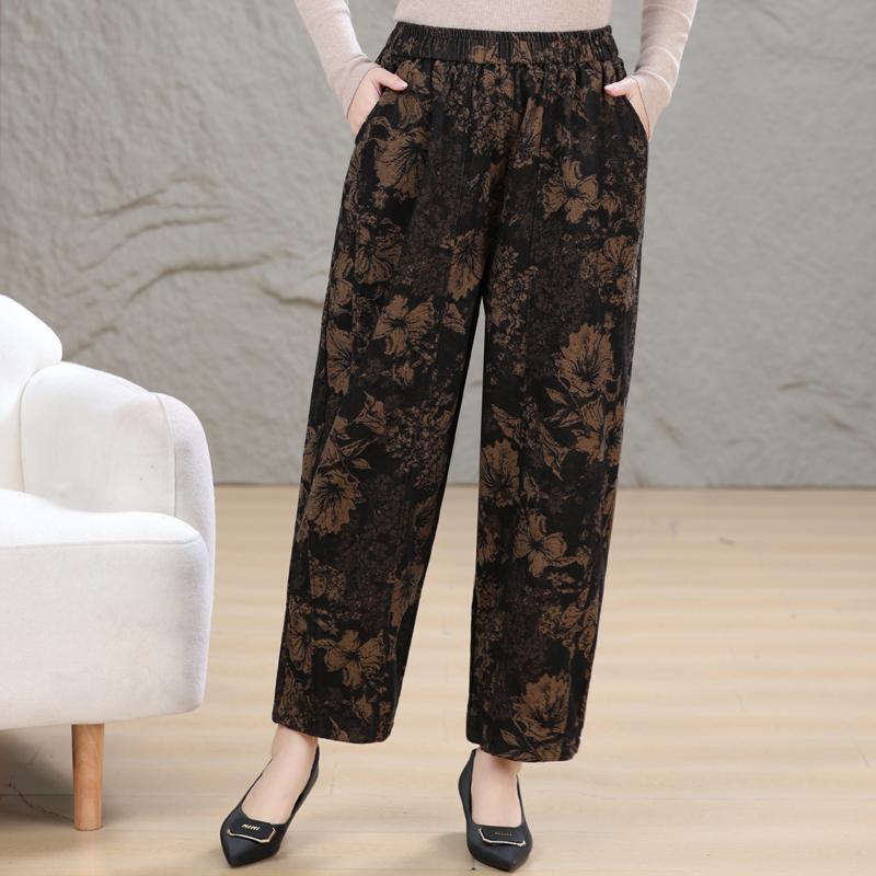 Ladies Oversized Floral Long Pants Elastic Waist Loose Casual Autumn Trousers for Middle Aged Women