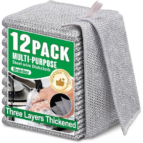 12pcs Non Scratch Wire Dishcloth Multipurpose Reuseable 3Layer Steel Wool Cleaning Cloths Wire Dishwashing Rags Miracle Metal Dish Cloth for Kitchen 12 Pcs - 3Layer
