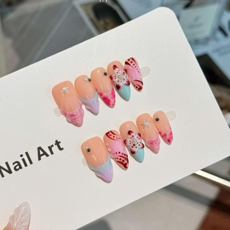 10Pcs Mermaid Shell Press On Nails - Pink Blue Floral Fake Nails for Summer XS