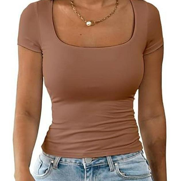 Dames 2025 Sommer U-hals Slim Casual T-skjorte - Kort Ermet Mote Pullover