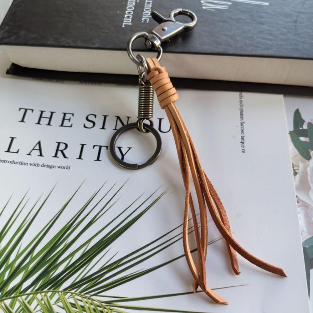 

Vintage Genuine Leather Keychain Handmade Car Keychian Personalized Cowhide Tassel Key Chain Men коричневый