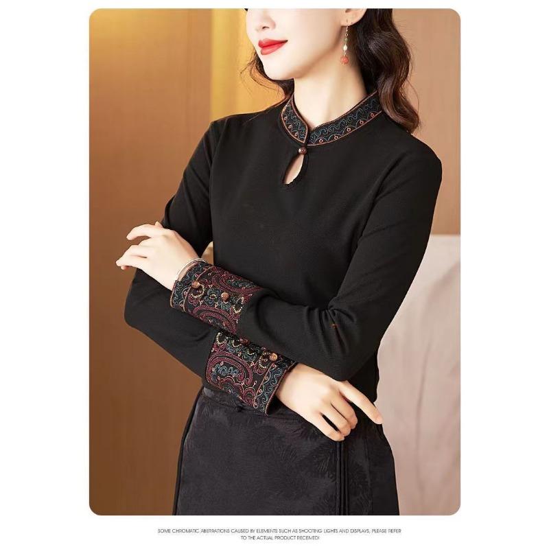 Temperament Embroidered Stand Collar Chinese Style Women's Chinese Retro Literary Long-sleeved Autumn and Winter Bottoming