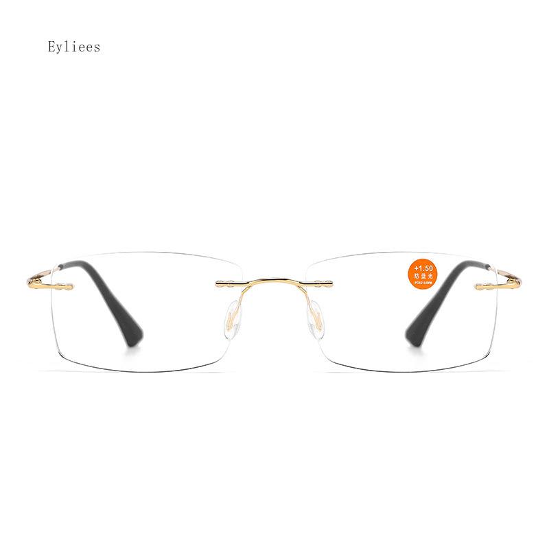 Men's Anti Blue Light Blocking Reading Glasses Cut Frameless Metal HD Lens Eyewear Women Prescription Presbyopic Glasses +400