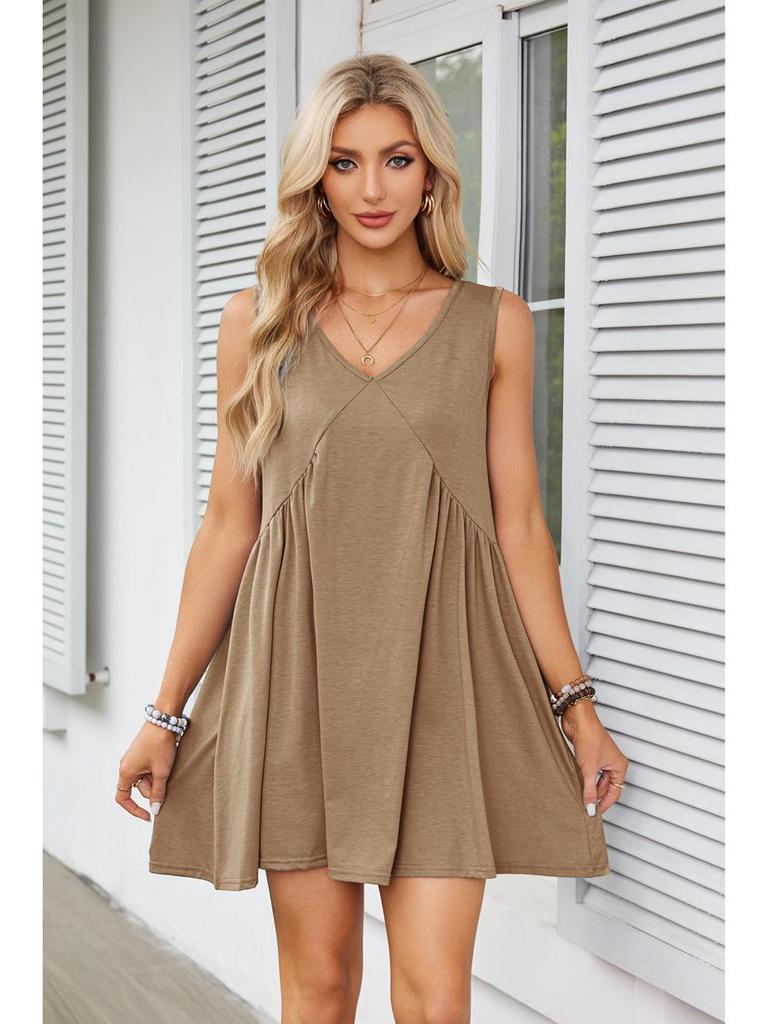 2025 European & American Women's V-Neck Sleeveless Pleated Pocket Dress - Spring/Summer Trend