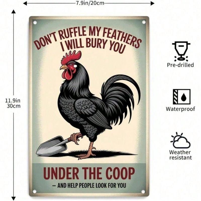 Metal Poster Wall Art, Chicken with Shovel, Farmhouse Kitchen Decor
