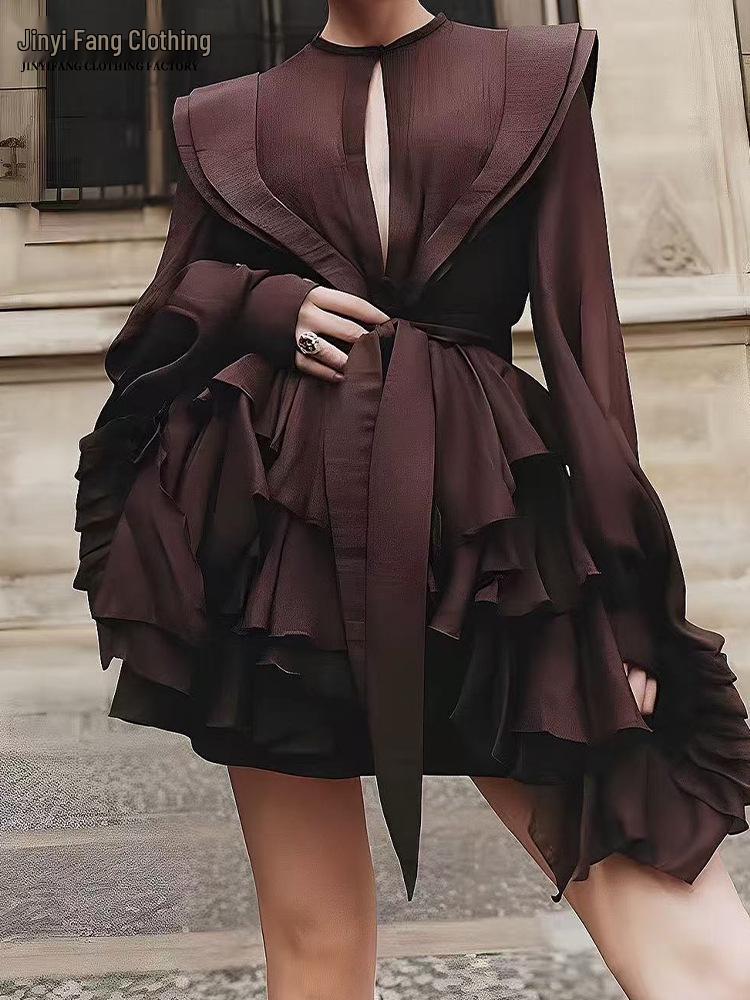 Elegant French Retro Ruffle Dress with Belt & Lantern Sleeves