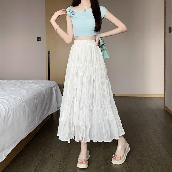 White pleated skirt skirt women s summer a-shaped skirt new high-waisted umbrella skirt medium and long skirt long skirt tide S