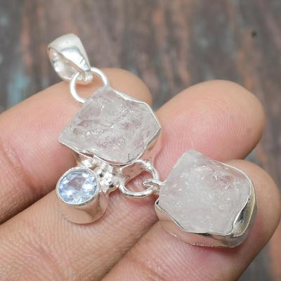 Crystal Quartz Rough, Blue Topaz Gemstone Handmade 925 Sterling Silver Jewelry Pendant For Her