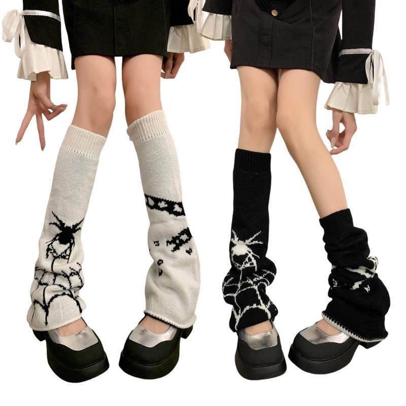 Harajuku Punk Spiderweb Knitted Leg Warmers Japanese Women Gothic Knee Length Long Socks Leggings Boot Cuffs Foot Covers