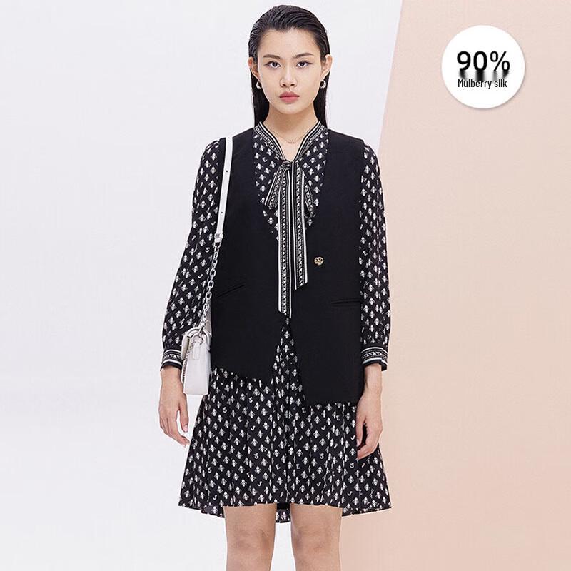 

JESSIE Women s Elegant Ruffled Collar Print Silk Blend A-Line Dress M