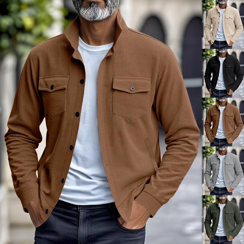 Men's Spring Autumn New Style American Workwear Solid Color Minimalist Casual Versatile Loose Collared Corduroy Jacket Coat