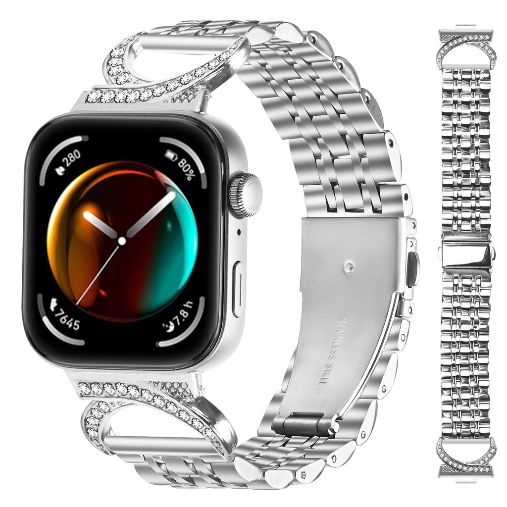 Ремінець для годинника Huawei Watch Fit 4 Pro/Fit 4/Fit 3, сім ланок, з нержавіючої сталі, зі стразами, з'єднувач у стилі бичачого рогу