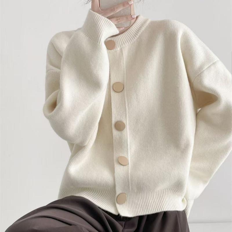 Design Sense Single Row Spring and Autumn Solid Color Knitted Sweater Jacket Cardigan Lazy Style New Loose Crew Neck Spring and Autumn Top