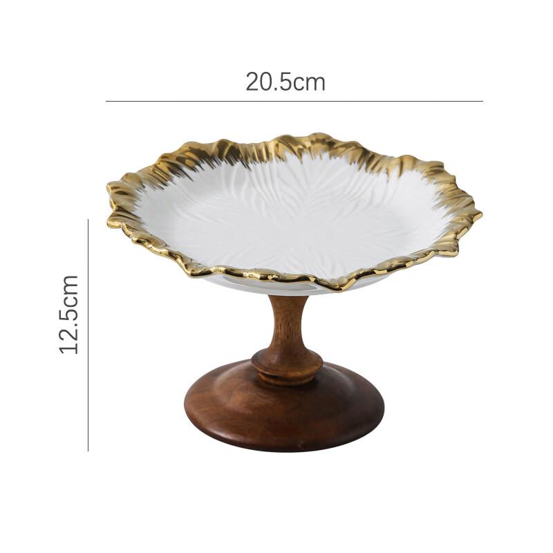 abay Ceramic Wood Gold Rim High-Footed Fruit Plate