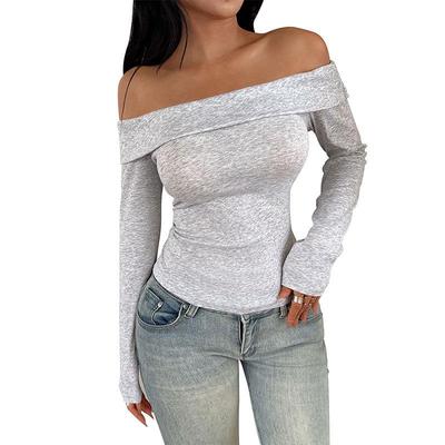 Womens Off The Shoulder Tops Fold Over Double Lined Long Sleeve T Shirts Slim Fitted Stretchy Crop Top