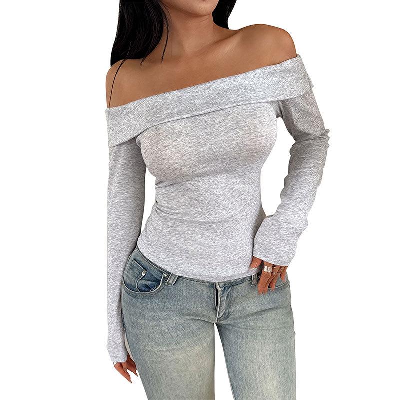 Womens Off The Shoulder Tops Fold Over Double Lined Long Sleeve T Shirts Slim Fitted Stretchy Crop Top