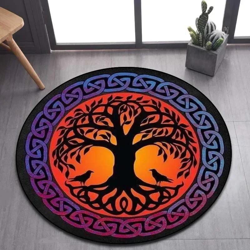 Viking Valknut Yggdrasil Tree of Life Round Area Rug,Carpet Rug for Living Room Bedroom Sofa Playroom Decor,Non-slip Floor Mat