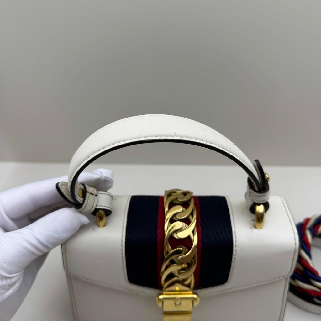 [Pre-Owned] Sylvie Gold Buckle Striped Web Leather Mini Tote Shoulder Crossbody Bag - Very Good #119GX9R