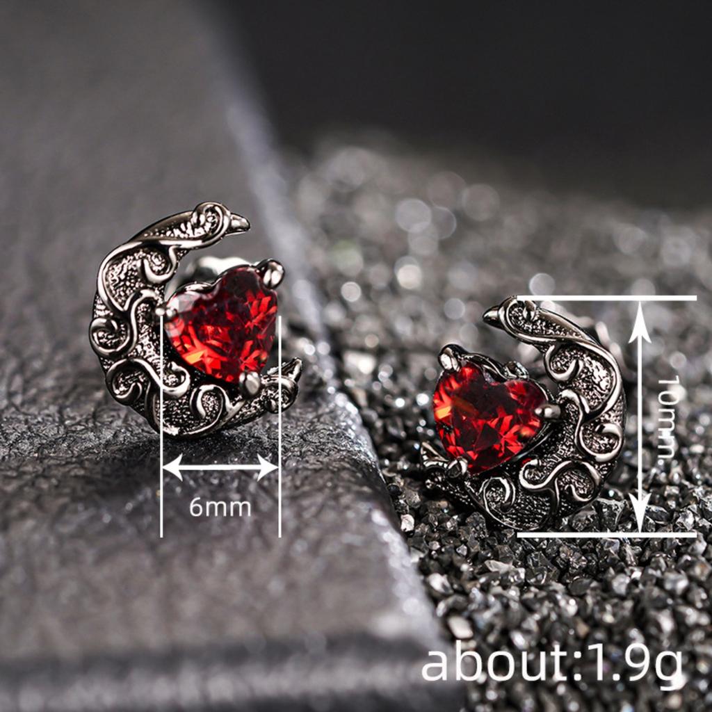 Vintage Black Plated Moon Red Heart Earrings for Women