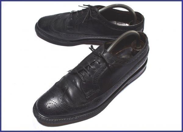 

USA Pre 80s Vintage NYLON Heel Grain Leather Long Wingtip 9.5D 27.0-27.5 Black American Brogue Dress Shoes