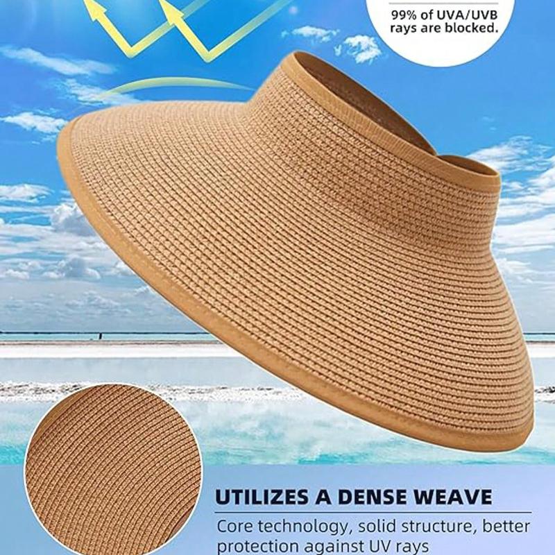 1pc Sun Visor Hats for Women Wide Brim Straw Roll-Up Ponytail Summer Beach Hat UV UPF Packable Foldable Travel Boho Bow