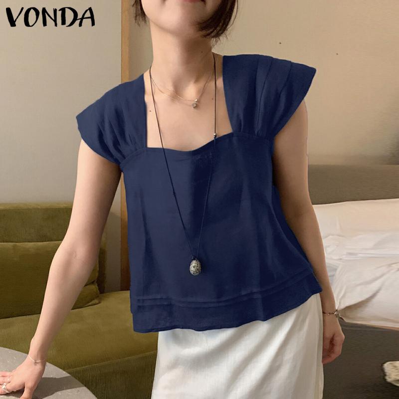 VONDA Women Square Collar Casual Pleated Short Sleeve Blouse Tops
