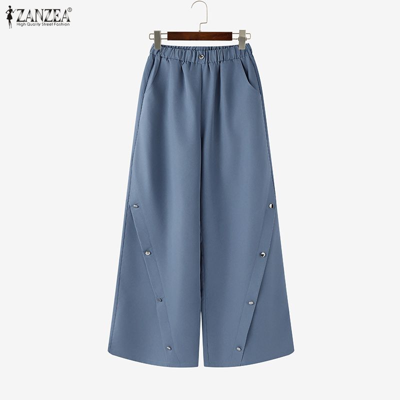 ZANZEA Women Casual Elastic Waist Solid Color Loose Long Pants