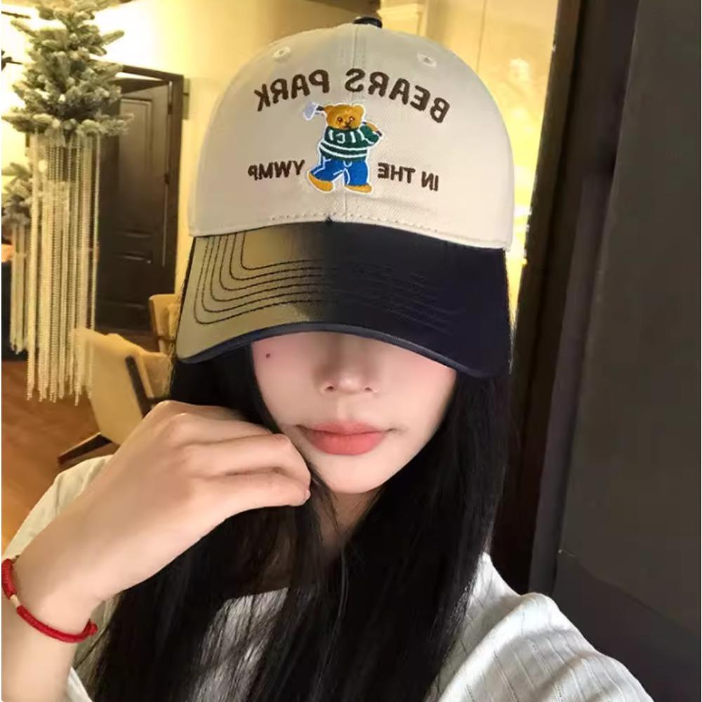 Korean Fashion Cotton Baseball Cap for Men Women, Embroidery Letter Bear Classic Color Block, Perfect for Outdoor Daily Wear