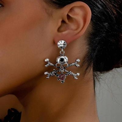 Trendy Halloween Skeleton Dangle Earrings For Women Vintage Punk Gothic Skull Rose Goth Earring Party Funny Zircon Gifts