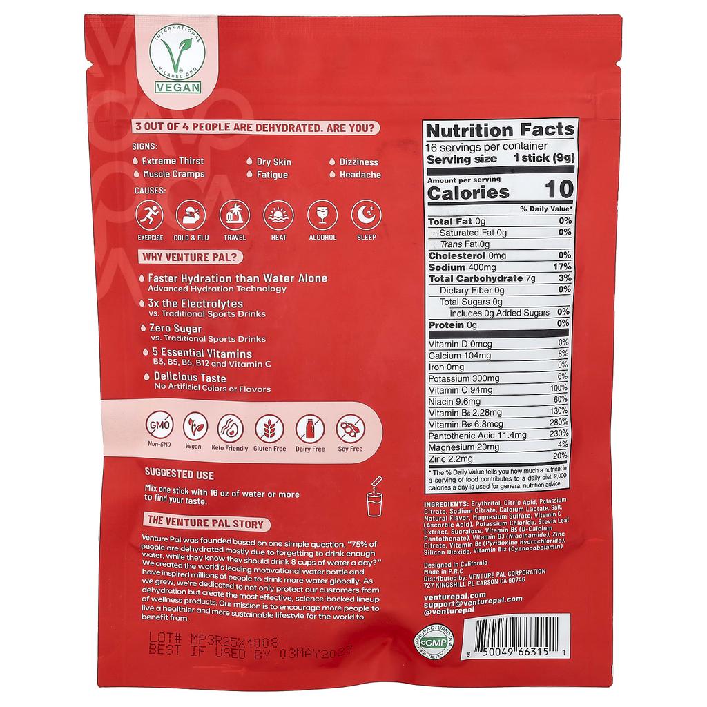 Venture Pal, Hydration Enhancement, Electrolyte Drink Mix, Cherry, 16 Count, 9g (0.32oz) Each