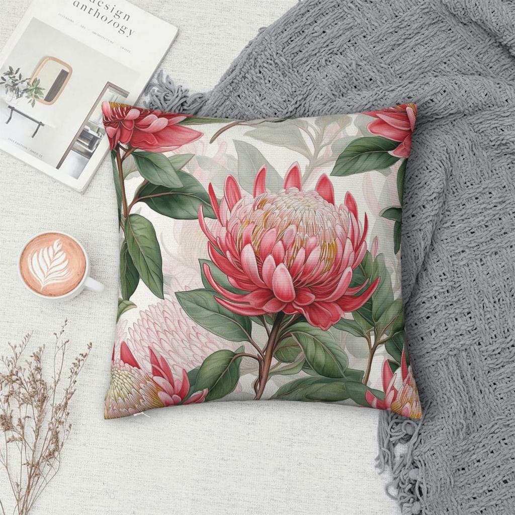 Australian Waratah Flower Square Pillowcase Polyester Linen Velvet Printed Zip Decor Home Cushion Cover
