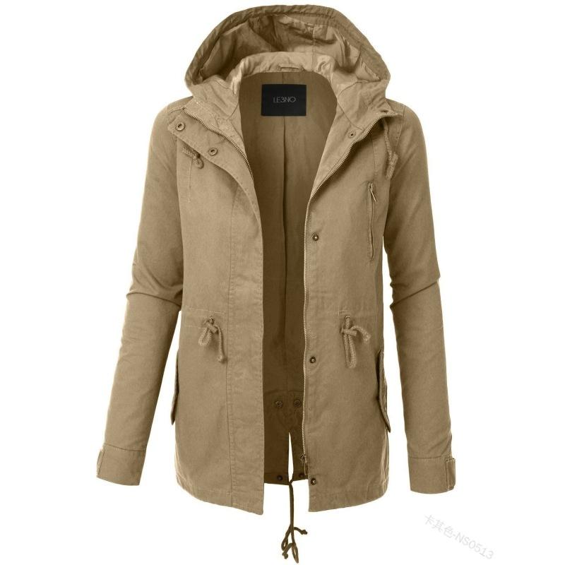 

Женская осенне-зимняя однотонная куртка-ветровка средней длины с разрезом на шнурке и капюшоном XXL хаки