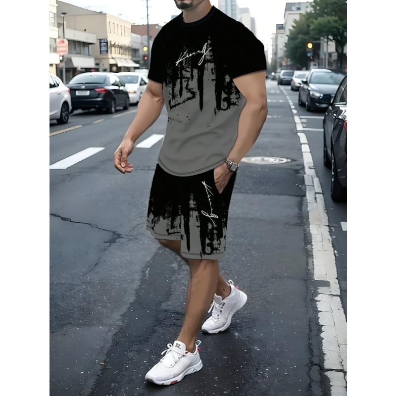

Men S New Round Neck Casual T-Shirt, Short-Sleeve Shorts Set M