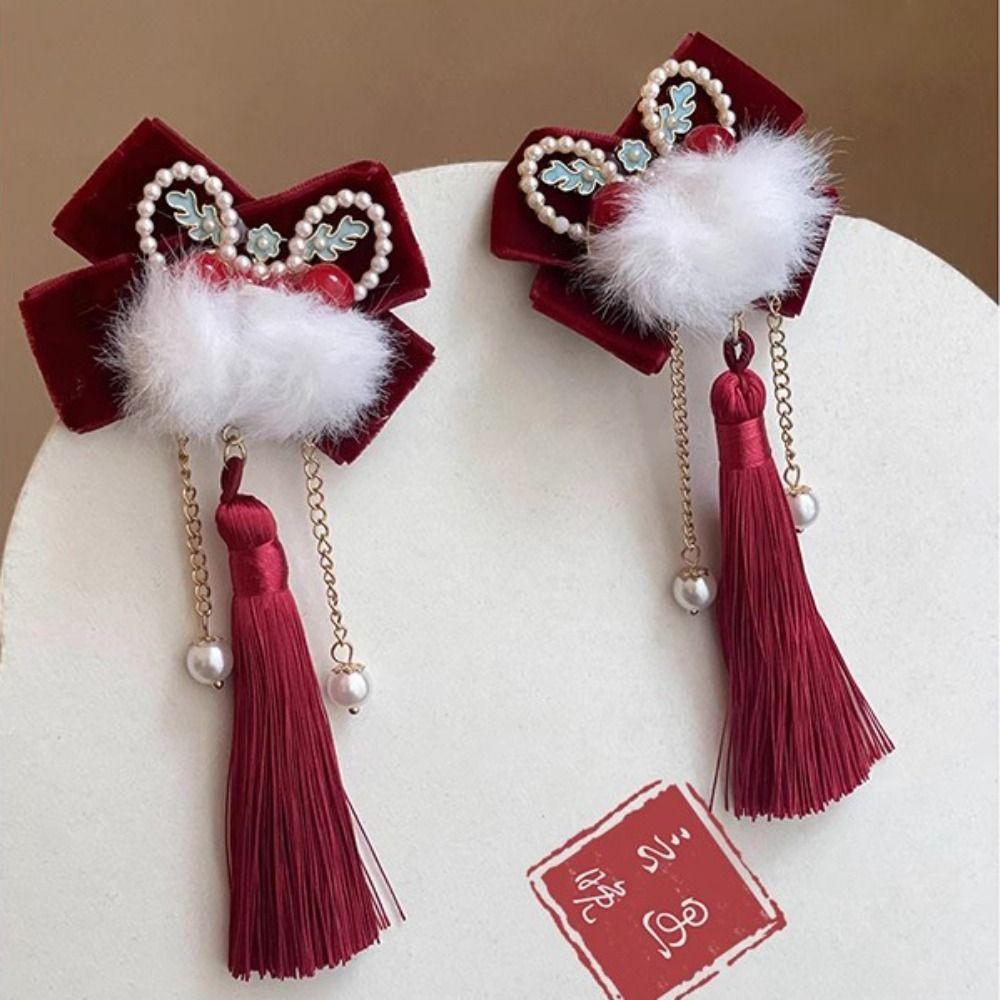 Plush Lion Dance Hairpin Cloth Hanfu Hair Clip Sweet Red Velvet Bow Hairpin  Girls