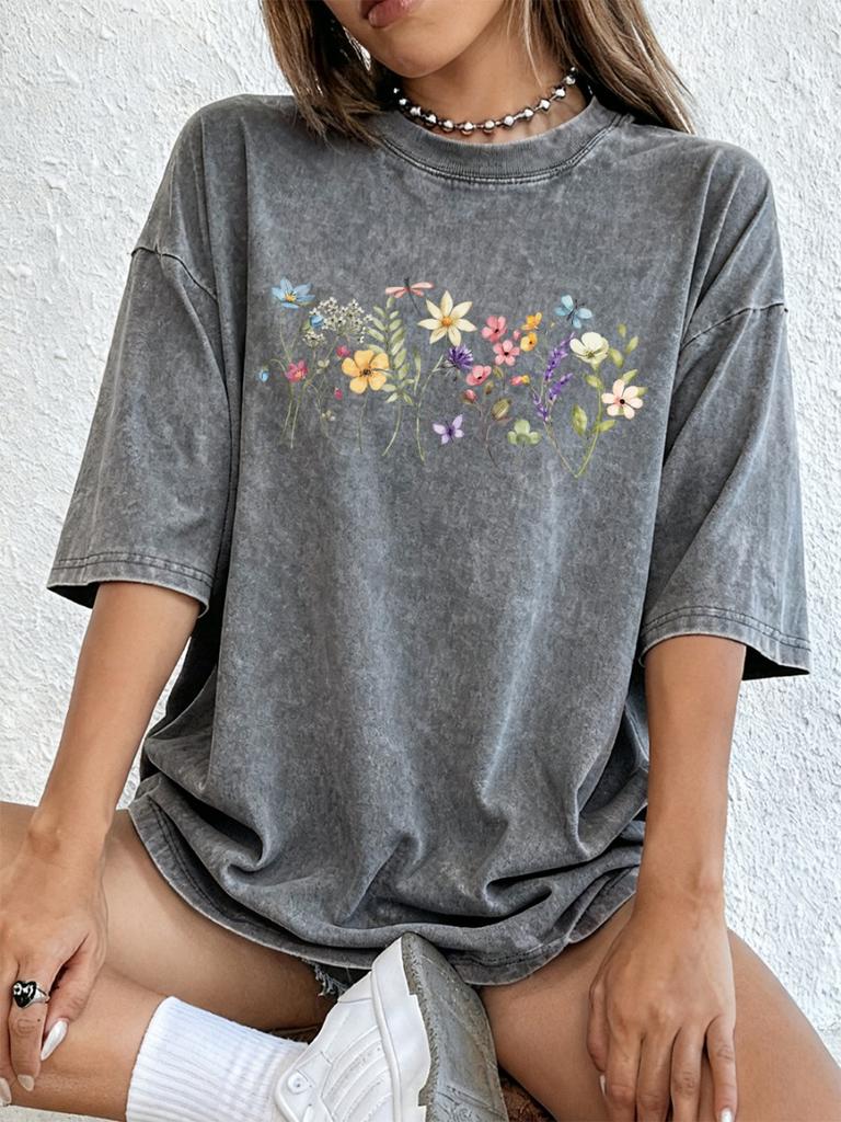 Flowers Butterflies Dragonflies Washed Cotton T-Shirts Womens Oversize T Shirts Casual Short Sleeve Summer O-Neck Tops