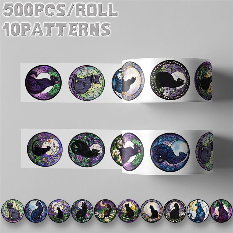 500Pcs/Roll Black Cats Under The Moonlight Kids Rewards Stickers - DIY Scrapbooks Album Decor Sealing Label Decals