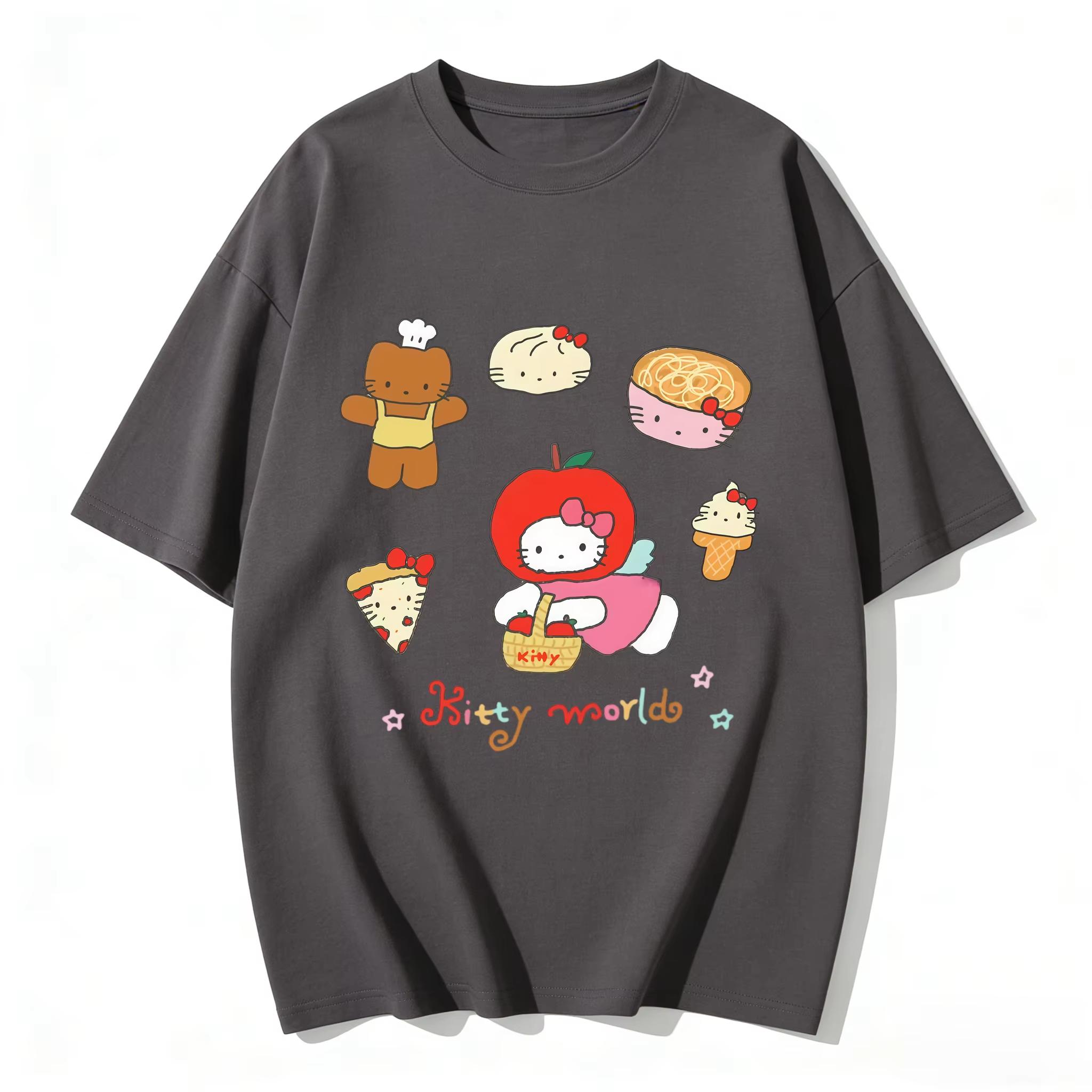 

2026 New Arrival Kawaii Hello Kitty Food World Print Couple T Shirts Casual Loose Family Matching Outfits Parentchild Tees Tops S