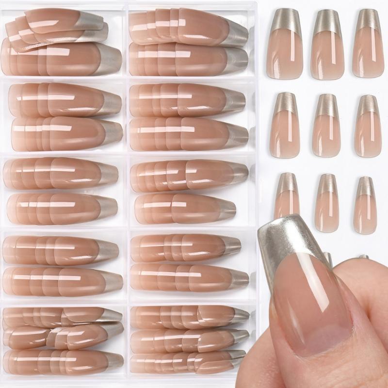 120Pcs/Box Nude Gold French Press On Nails 12Sizes Extra Trapezoid Full Cover Soft Gel False Nail Tips For Nail Extension