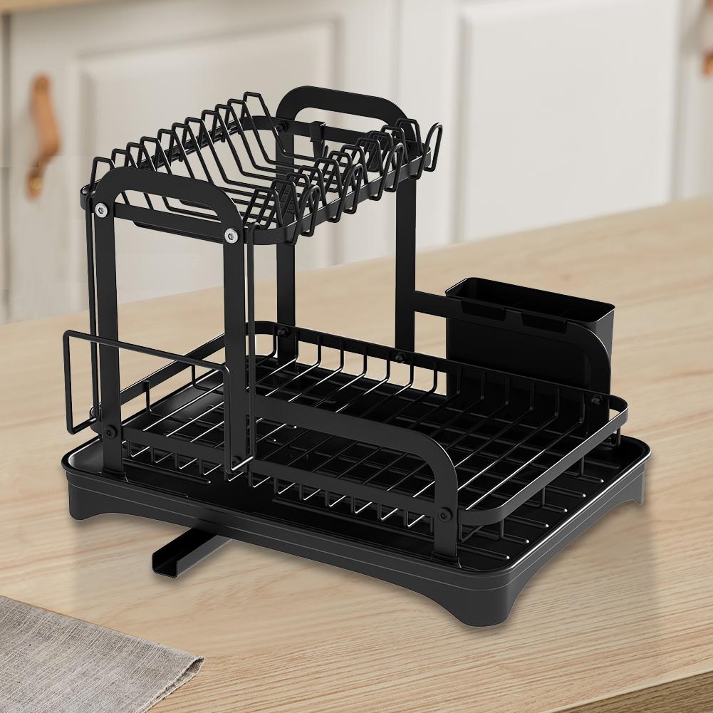2 Tier Dish Drying Rack Black Kitchen Countertop Dish Drainer Drip Tray Drain Board Space Saving Storage Kitchen Sink Organizer