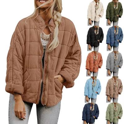 Damen Casual Leichte Steppjacke Langarm Übergroßer warmer Wintermantel mit Reißverschluss und Taschen