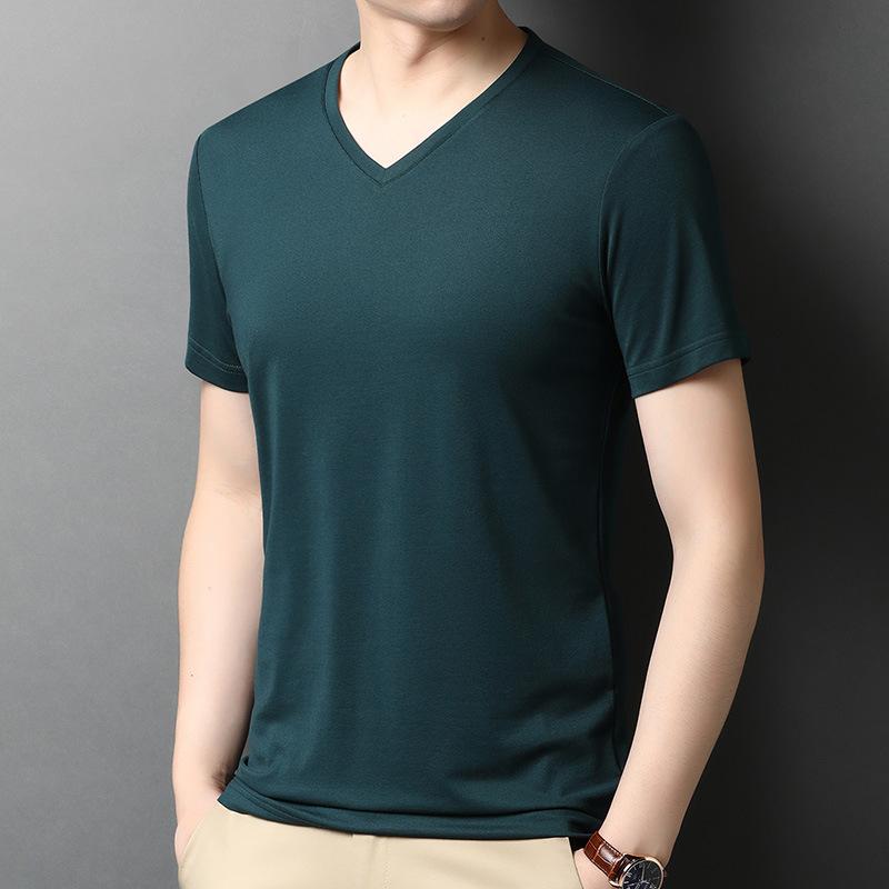 Mulberry Zijde Kortmouwig T-shirt Heren V-hals Effen Kleur Zomer Nieuw Dun Ademend IJszijde Slim Fit Veelzijdige Top 2XL gray