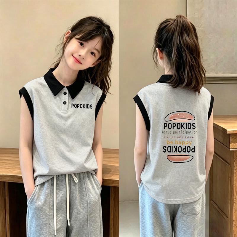 Korean Style Girls' Cotton Polo Lapel Sleeveless Vest for Ages 6-12 - Summer Loose Fit Patchwork T-shirt