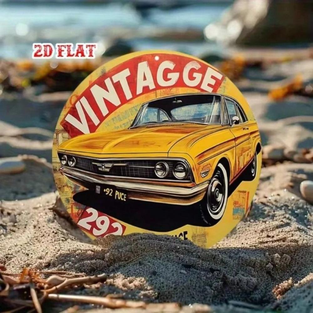 Metal Wall Art Vintage Muscle Car Retro Garage Decor, 7.87 Inch Round Aluminum Sign for Bar