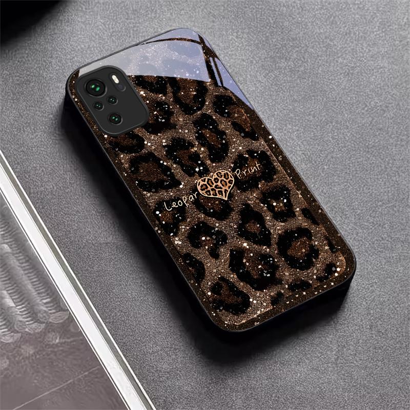 Leopard Print Love Black Glass Phone Case For Redmi Note 10 11 Pro+ 12 13 14 4G (Global) 14 Pro 5G India K60Ultra 13C 14C Cover