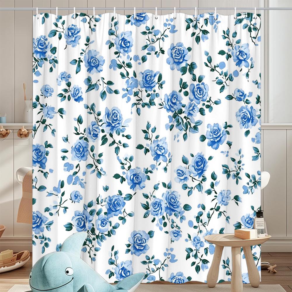 1Pc Floral Shower Curtain With Watercolor Blue Rose Pattern, Polyester Fabric Machine Washable, Suitable For Bathroom Decoration