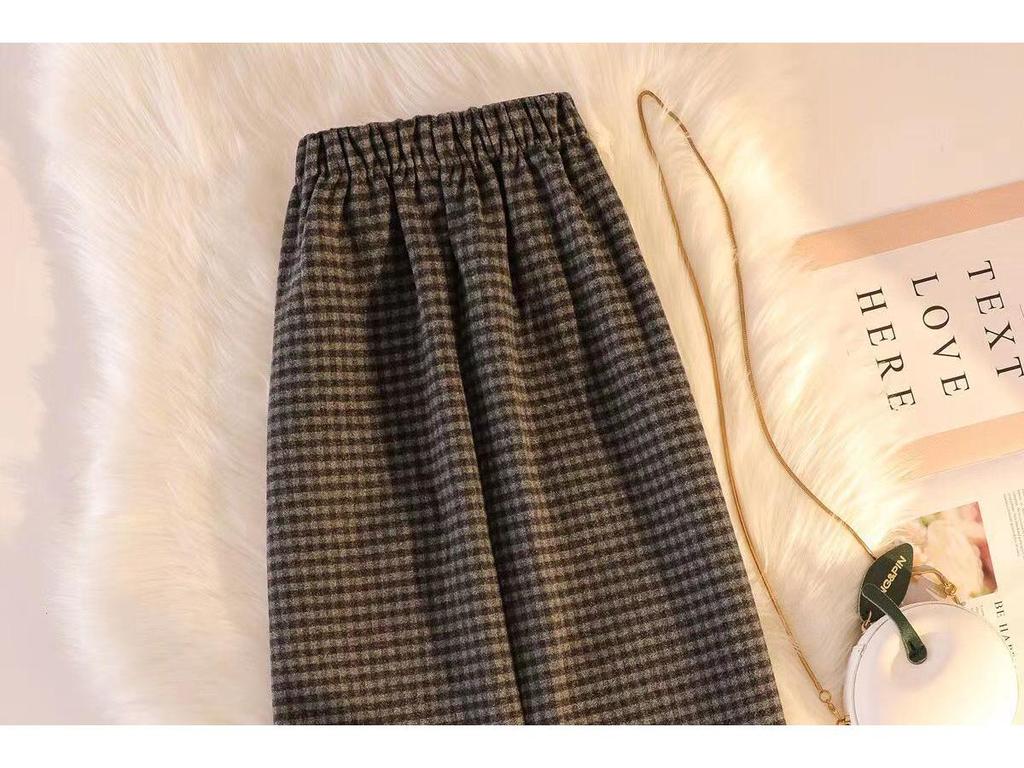 Plaid Tweed High Waist Midi Skirt - Korean Style, Thickened, Warm, Elastic, with Slit.