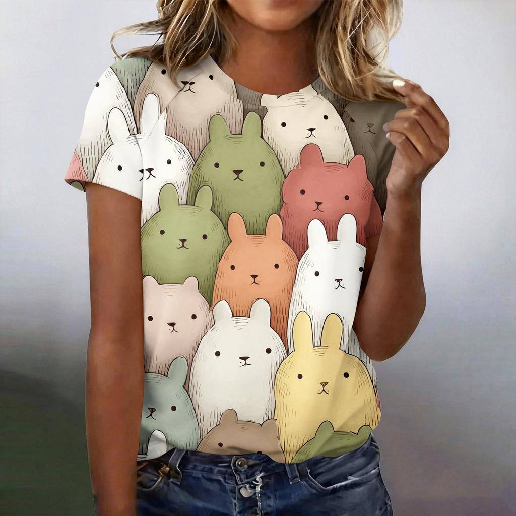 Women's Fashionable Casual Short-Sleeved Raglan Sleeve Easter Print T-Shirt Top