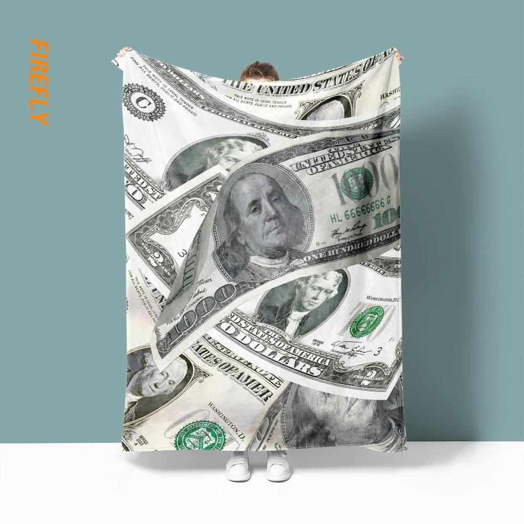 100 Dollar Bill Print Flannel Throw Blanket, Funny US Currency Money Pattern Soft Warm Nap Blanket for Sofa Office Bedroom Dorm