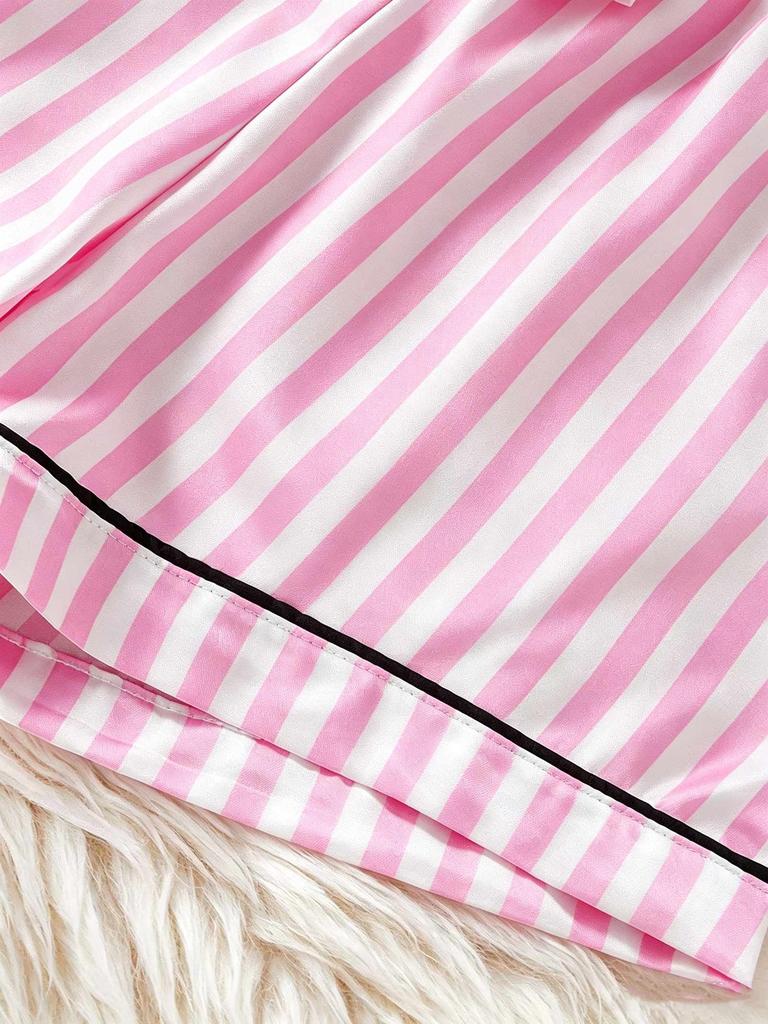 Girls Pink Striped Pajama Set, Short Sleeve Button-Down Sleepwear with Bow, Soft Loungewear for Kids 8-13 Years