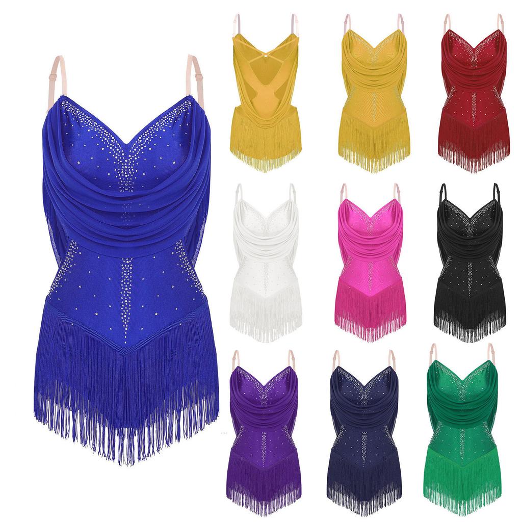 Ruched Mesh Dance Leotard for Womens - with Drapes, Tassel, Glittery Rhinestones, Adjustable Straps, Cutout and Fringed Bodysuit